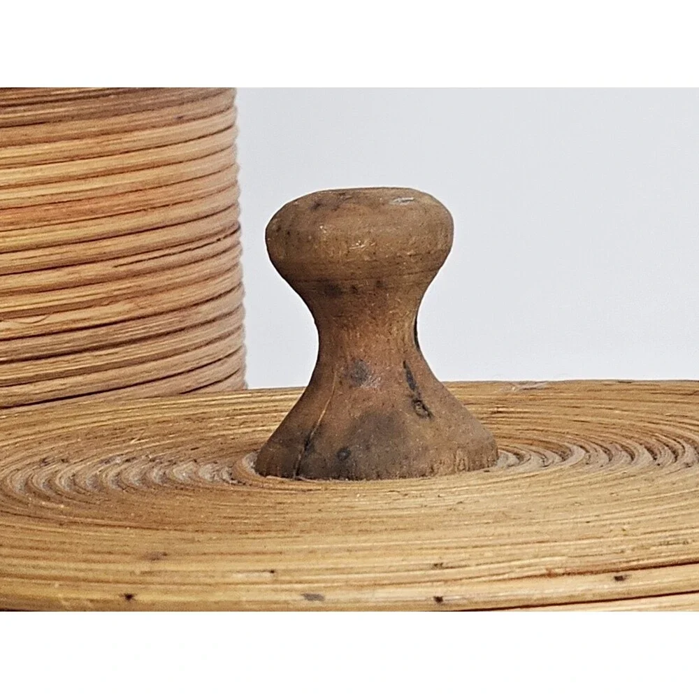 Vintage Coiled Rattan Wood Canister Lid Boho MCM Bamboo Bucket/Container